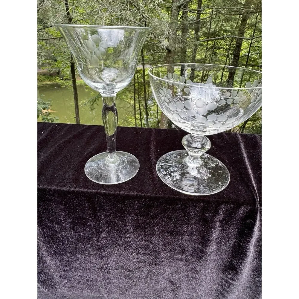 Vintage 1950’s Etched Floral Grape Stemware Dessert & Sherry Glasses -8/28